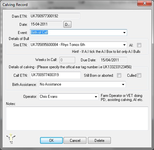 Cow Calving Record